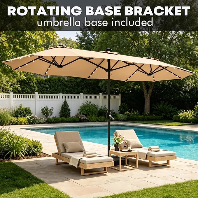 DomeShade 15ft Patio Umbrella with Base Included Solar Lights,Double Umbrella Outdoor Patio Table Umbrella Market Rectangle Umbrellas with 36 LED Lights for Outside Poolside Lawn Backyard,Beige