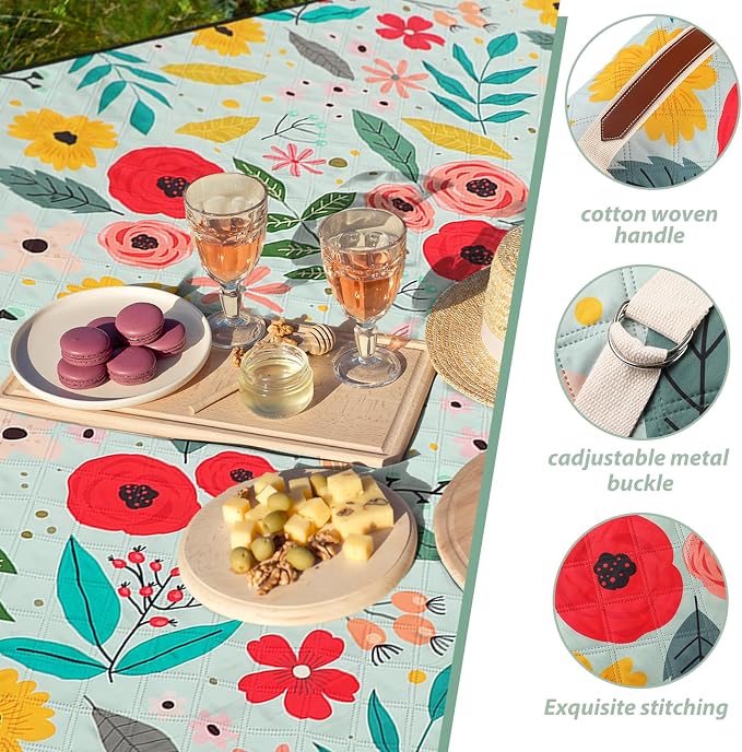 Tegeme Beach Picnic Blanket Floral Waterproof Outdoor Blanket 80''x80'' Extra Large Portable Sandproof Machine Washable 3 Layer Thick Gingham Picnic Mat for Beach Camping Park Grass(Green)