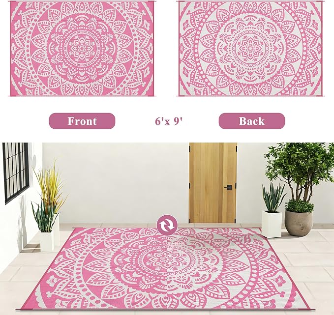 Bsmathom Waterproof Outdoor Rug 6'x9' Reversible Boho Plastic Straw Patio Deck Camping Rugs, Indoor Outdoor Portable RV Mat Clearance Carpet for Outside, Porch, Balcony, Backyard, Beach, Pool,Pink