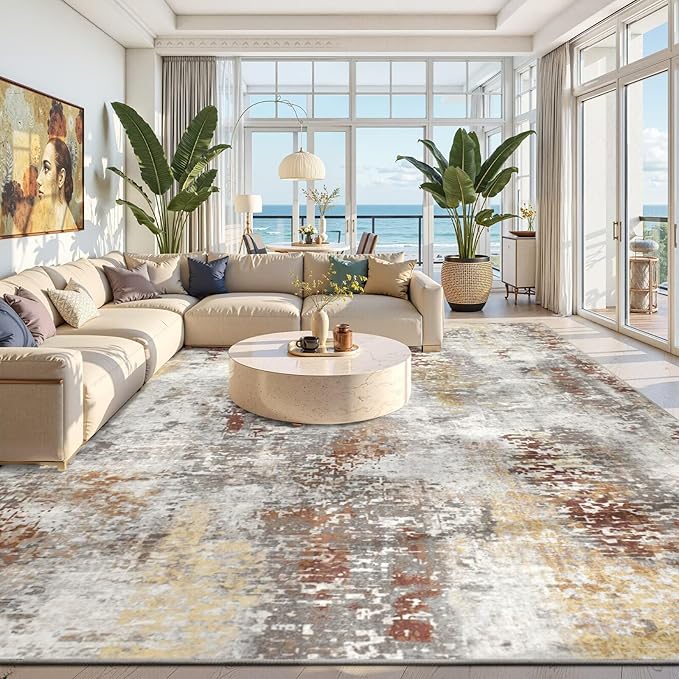 Toneed Washable 6x9 Area Rug with Non-Slip Backing for Living Room | Abstract Modern Rugs, Soft Low Pile Carpet for Bedroom Kitchen Dining Room Nursery Indoor Floor Home Decor, Taupe Grey Brown