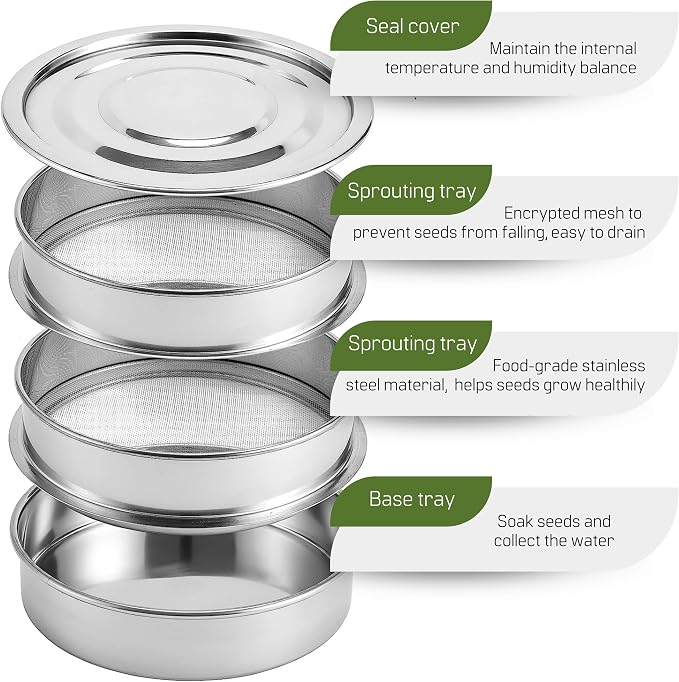Stainless Steel Seed Sprouting Kit – 7,9'' Stainless Steel Sprouting Tray Round 3-Tier Seed Gardening Planter for Microgreens Broccoli Sprouts Growing Kit Microgreens Tray Germination