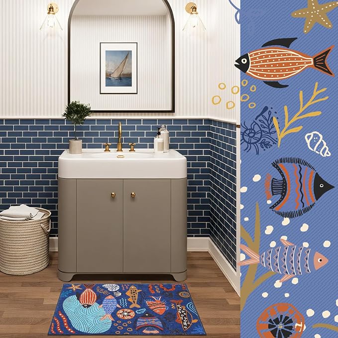 jinchan 2x3 Coastal Area Rug Washable Kids Rug Colorful Ocean Fish Mat Blue | Soft, Cozy, Non-Slip, Kid-Friendly, Lightweight, Entryway, Small Mat, Kitchen, Dorm, Bedroom, Laundry Room, Bathroom, Nursery
