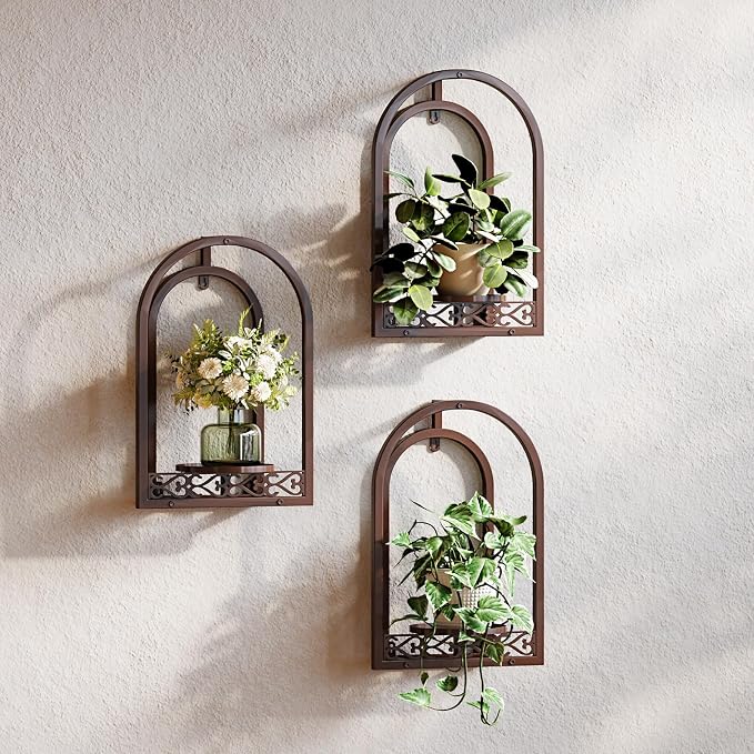 Hanging Planter for Indoor & Outdoor Plants, Mid Century Modern Iron Frame Wall Decor for Living Room Garden Patio 3 Pack Coffee（No Light）