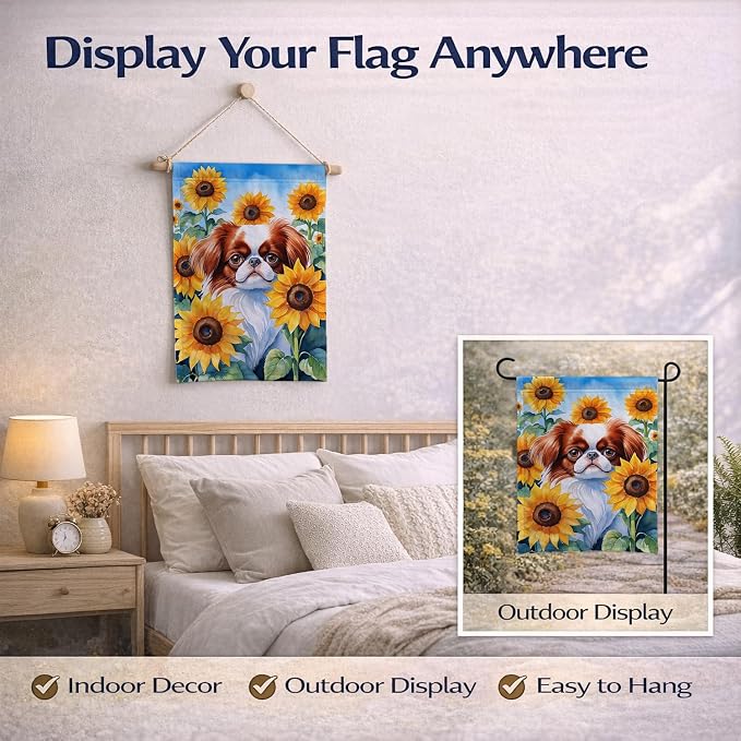 Caroline's Treasures DAC6104GF Japanese Chin in Sunflowers Garden Flag Mailbox Flag Decorative Yard Flag Banner Outside Patio Artwork Yard Flower Beds, Garden Size, Multicolor
