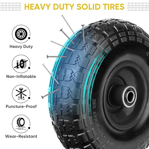 TICONN 10" Solid Tires, 4 Pack Flat Free 4.10/3.50-4'' Wheels with 5/8” Axle Bore Hole and Double Sealed Bearings (Black, 4PK)