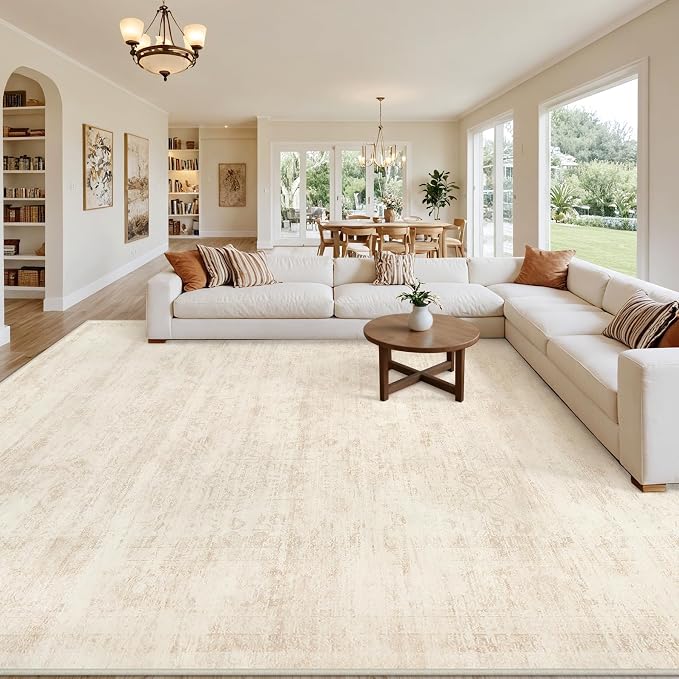 10x14 Area Rugs Living Room: Bedroom Washable Carpet Retro Beige | Large Vintage Boho Indoor Decor Neutral Soft Nursery Farmhouse Dining Room Office Floor Non-Slip Low Pile Under Table Rug