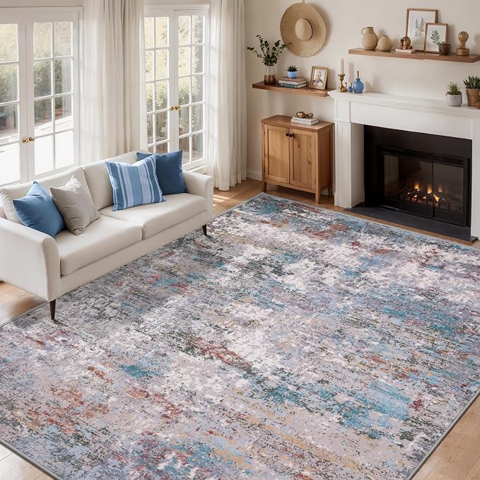 Tangsoo Abstract 6x9 Washable are Rugs for Living Room, Non Slip Large Rug | Modern Indoor Contemporary Carpet, Soft Low Pile Foldable Floor 5x7 Rug for Bedroom Dining Room Dorm Blue/Grey Home Decor