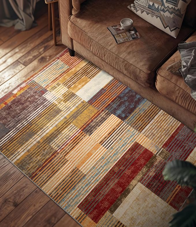 Brown Area Rug 3x5, Farmhouse Rugs Washable,Vintage Burgundy Carpets for Bedroom,Burnt Orange Area Rug Non Slip,Geometric Boho Rug for Kitchen,Dining Room