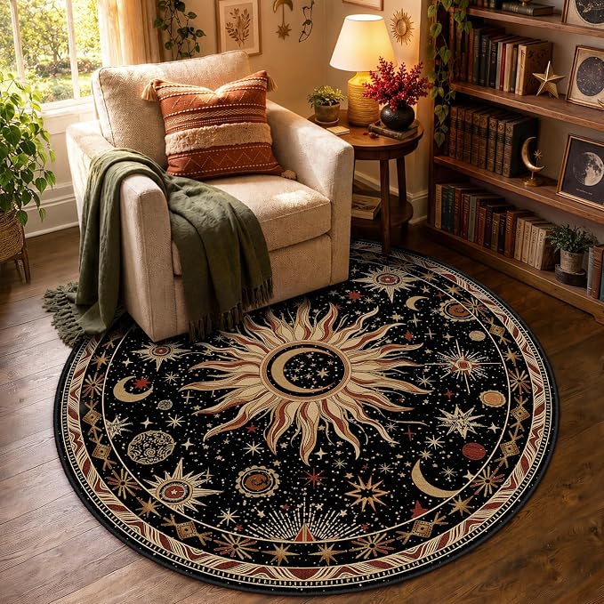 Vacuum-Friendly, Round 4ft Washable Area Rug, Black Gold Beige Red | Sun and Moon Boho Gothic Non-Slip Low Pile Living Roon Bedroom Dining Room Kitchen Entry Entryway Entrance Hallway Doormat