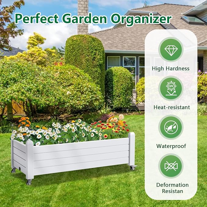 Vixzen Raised Garden Bed with Wheels Outdoor,Resin Weatherproof Planter Box with Drain Hole and Water Level Detector,for Planting Plants Vegetables(Ashen, 43.31 * 17.72 * 17.56)