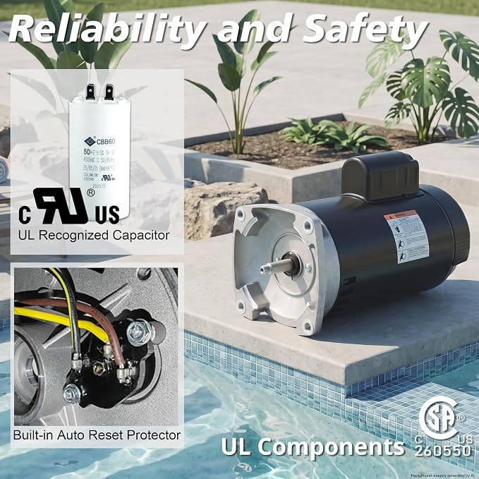 1 HP Pool Pump Motor, 56Y Square Flange, 115/230V, 3450 RPM, ODP | Single speed replacement motor, compatible with B2853/B853 specs, 1.4 service factor