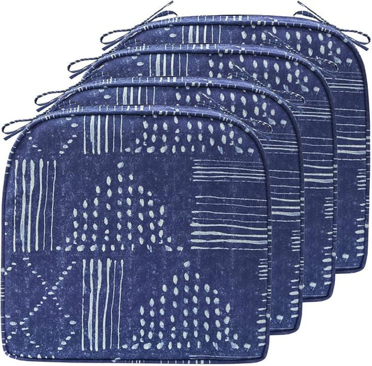 17 x 16 Inch Outdoor Chair Cushions with Tie Straps, Set of 4 Thick Water Repellent Round Patio Chair Pads for Garden Lawn Patio Furniture, Cobalt Grid
