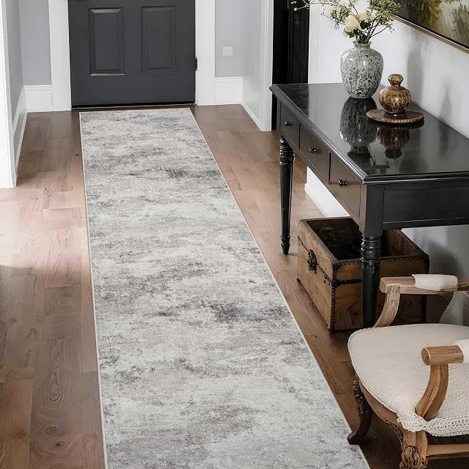 2x10 Grey Abstract Washable Rug:Non Slip Hallway Runner Rug | Soft Stain Resistant Thin Carpet, Low Pile Easy to Maintain, Perfect for Kitchen, Entryway, Bedroom and Homes with Pets