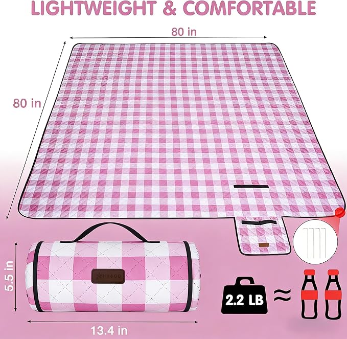 HX&OD Outdoor Picnic Blanket, Extra Large, 80''x80'' Waterproof Foldable Blankets Gingham Picnic Mat for Beach, Camping Grass Lawn Park Accessories Cute Couple Ideas Wedding (Pink, 80”x80”)