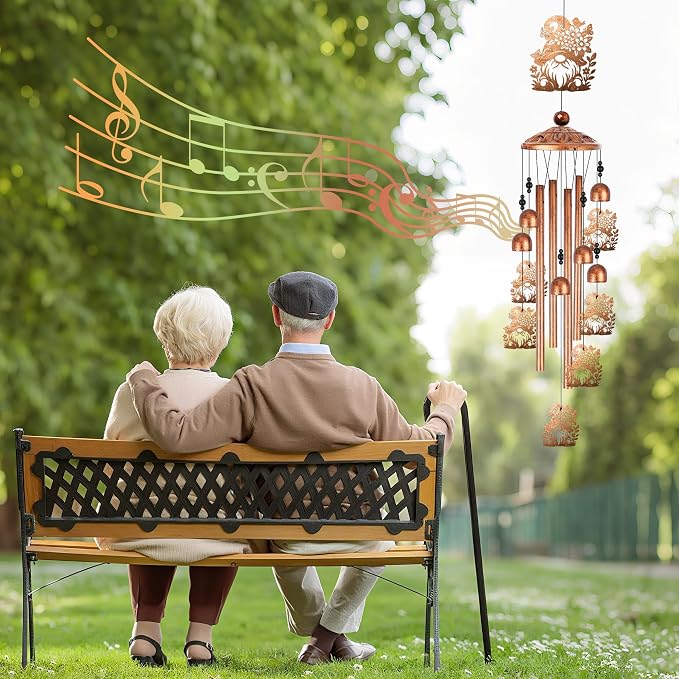 Gnome Wind Chimes for Outside, Garden Gnome Gifts for Women Men Metal Windchimes Outdoors, Floral Hat Design Home Garden Patio Yard Decor