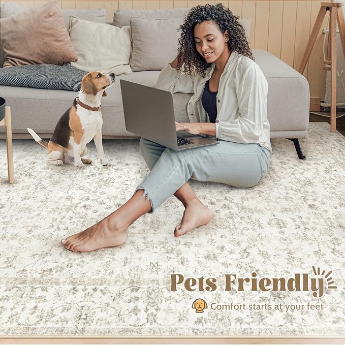 Living Room Rugs 8x10: Washable Moroccan Geometric Boho Rug Farmhouse Non Slip Stain Resistant Large Rug Low Pile Soft Carpet for Bedroom Dining Room Children Room (Beige Floral,8'x10')