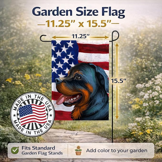 Caroline's Treasures CK6677GF Rottweiler Dog American Flag Garden Flag Mailbox Flag Decorative Yard Flag Banner Outside Patio Artwork Yard Flower Beds, Garden Size, Multicolor