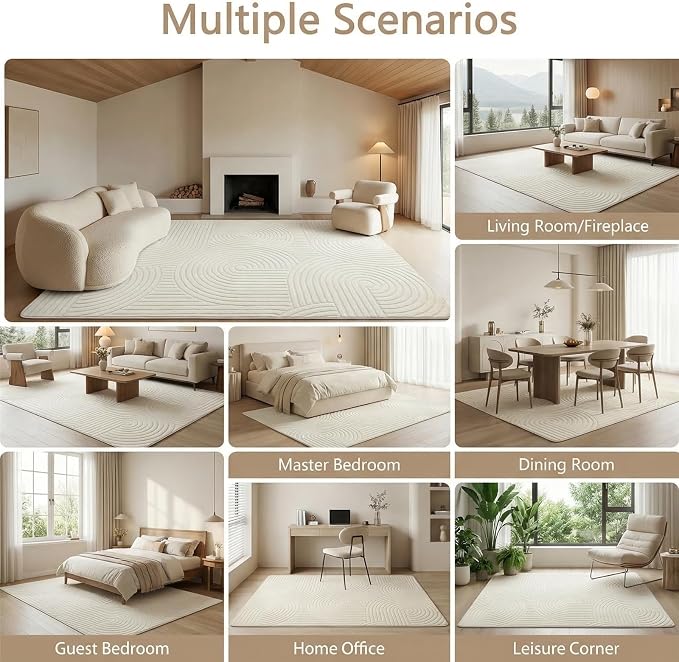 Beige Boho 8x10 Solid Color Area Rugs, Washable Rugs for Living Room | Ultra Soft Thick High-Low Pile Carpet, Fluffy, Non-Slip Modern Geometric Rugs for Bedroom, Kids Room, Nursery, Home Office