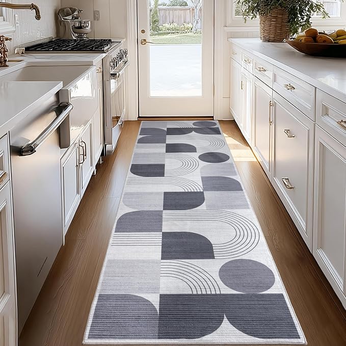 Soft Modern Geometric Abstract Machine Washable 2x6 Runner Rug | Grey Rugs for Bedroom Living Room, Non-Shedding Faux Wool Indoor Throw Floor Carpet for Office Entryway Dining Room Decor