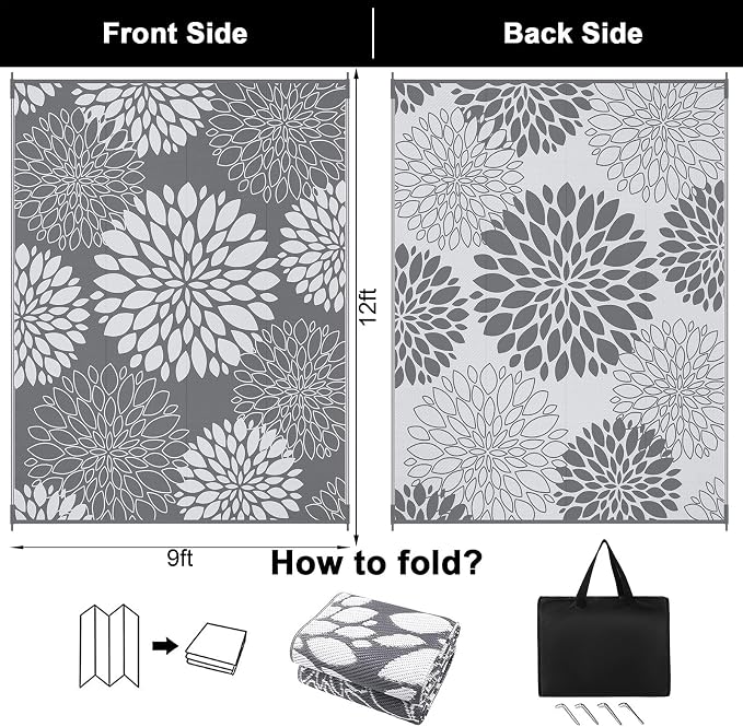 Ileading Waterproof Outdoor Rug 9x12, Reversible Plastic Straw Patio Rug, Portable Indoor Outdoor RV Camping Mat Carpet for Deck, Porch, Balcony, Backyard, Picnic, Floral Grey