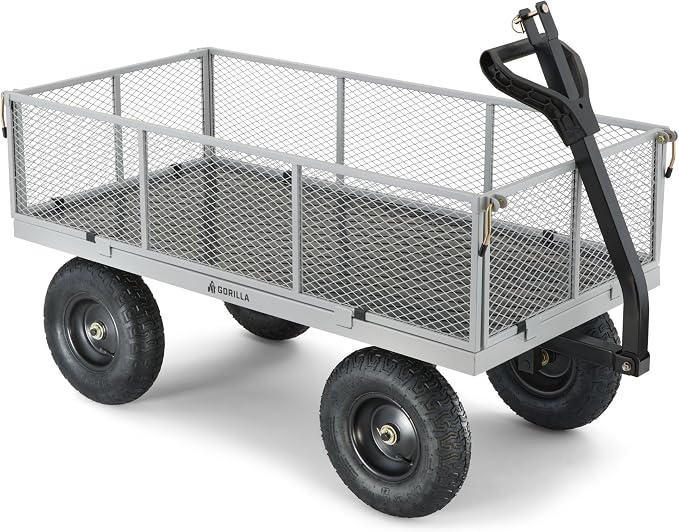 Gorilla Carts Steel Utility Garden Cart, 1,000-Pound Capacity, Gray - Heavy-Duty Outdoor Wagon with Removable Sides, 13-Inch Pneumatic Tires, and Convertible Pull or Tow Handle