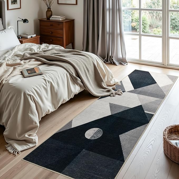 Joydeco 2x6 Geometric Washable Hallway Runner Rug, Black Grey White | Modern Non-Slip Low Pile Soft Stain Resistant Dark Gray Pet Child Friendly Carpet for Bedroom Entryway Kitchen Laundry Room