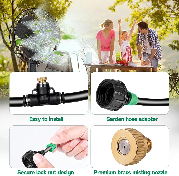 Anti Leak Misting Fans for Outside,Outdoor Misting Fan Kit,19.69FT(6M) with 6 Brass Nozzle + 6m Line + 3/4" Adapter Water Mist Sprayer for Backyard Patio, Perfect for Outdoor Cooling System