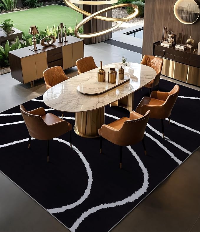 Black Modern Area Rugs 8x10,Large Black and White Rugs for Living Room,Wave Washable Rug 8x10,Thin Abstract Geometric Rug,Minimalist Striped Rugs for Bedroom,Office