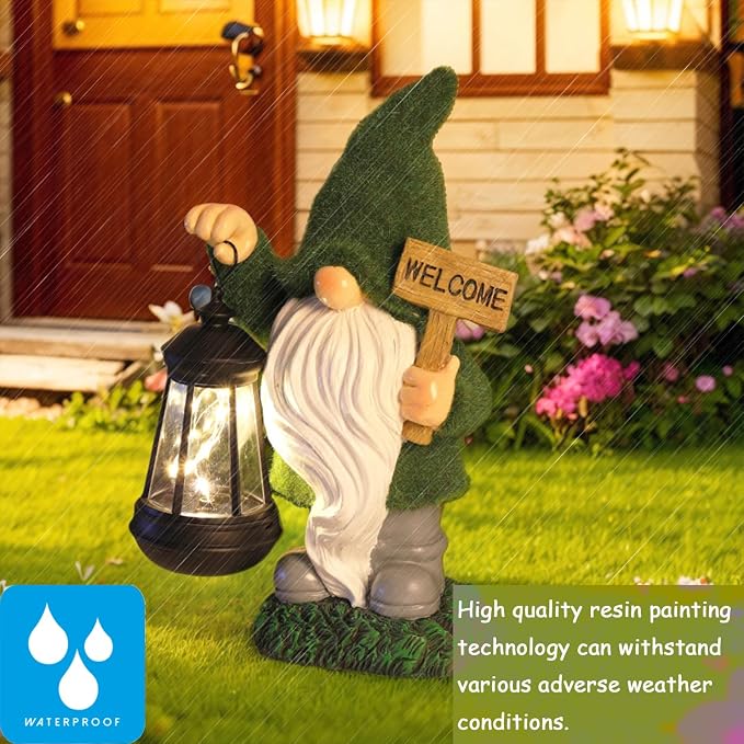 St Patrick’s Day Green Garden Gnome Statue with Solar Lantern Welcome Sign Outdoor Decor for Porch Lawn Patio Yard Holiday Decorations Housewarming Gifts for Women