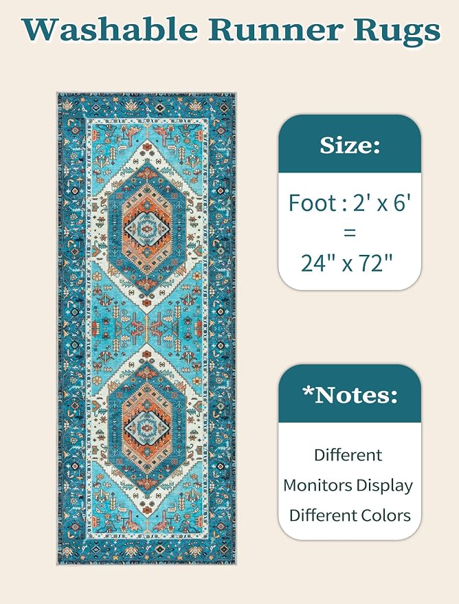 SERISSA 2x6 Washable Non Slip Boho Runner Rug for Hallway，Blue | Ultra Soft Vintage Oriental Carpet Low-Pile Distressed Tribal Floor Carpet for Kitchen Bedroom Bathroom Laundry Living Room
