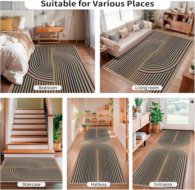 Tangsoo Rainbow Easy Jute Rug 2x6 Washable Runner Rug for Hallways,Non-Slip Thin Colored Lines Outdoor Rug,Modern Farmhouse Carpet for Porch Laundry Bedroom Living Room Entryway