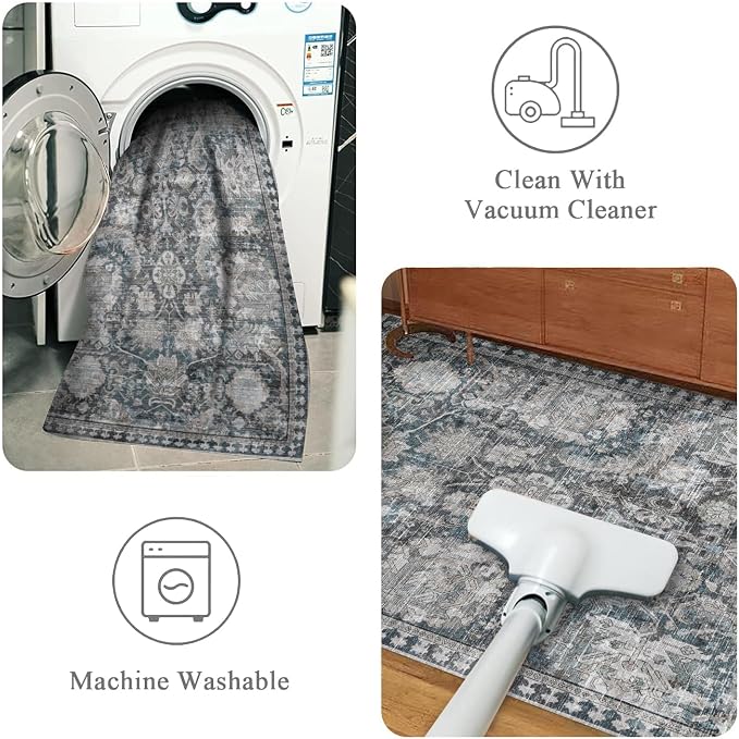 Washable Area Rugs - Perfect for Living Room, Bedroom, Kids Room, Nursery - Stain & Water Resistant Non-Slip, Pet & Child Friendly, Vintage Tribal Area Rugs (Grey and Blue, 6' x 9')