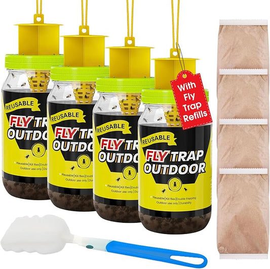 4 Fly Traps Outdoor Fly Trap for Patio with 4 Dissolvable Bait Refills, Reusable Hanging Bug Catcher Killer Bottle for Outside Bug Control Yard Ranch Barns Stable, Hanging Rope, Brush Included