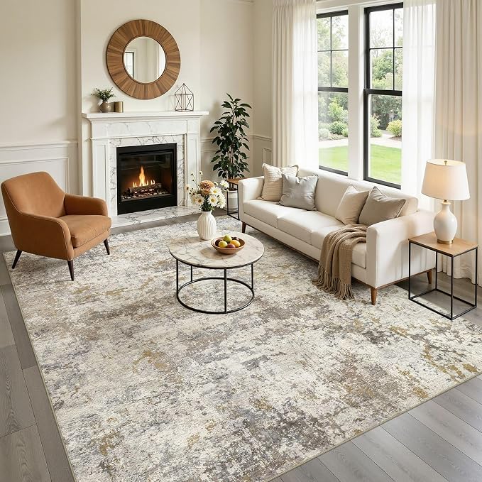 kakania Washable 10x14 Area Rug for Living Room: Abstract Modern Home Decor | Soft Stain Resistant, Low-Pile, Non-Slip, Pet & Kid Friendly, Thin Rug for Bedroom/Dining Room/Kids Dorm - Brown Gold