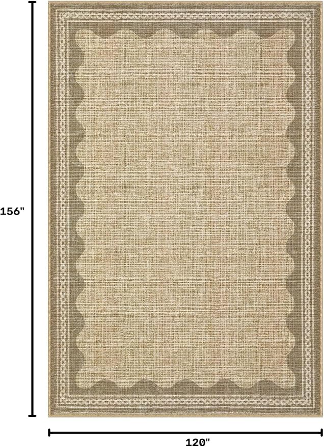 GarveeHome Scalloped Tan Washable Rugs 10x13 Rug for Living Room Non-Slip Solid Jute Modern Minimalism 10 x 13 Rug Low-Pile Carpet for Bedroom Dining Nursery Mat with Rubber Back