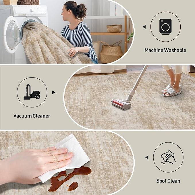 2'6''x8' Runner Rugs Washable Rug: Modern Abstract Hallway Beige Carpet | Non-slip TPE backing makes this washable soft low-pile rug safe & durable, Pet-friendly decor for dining room,nursery,office