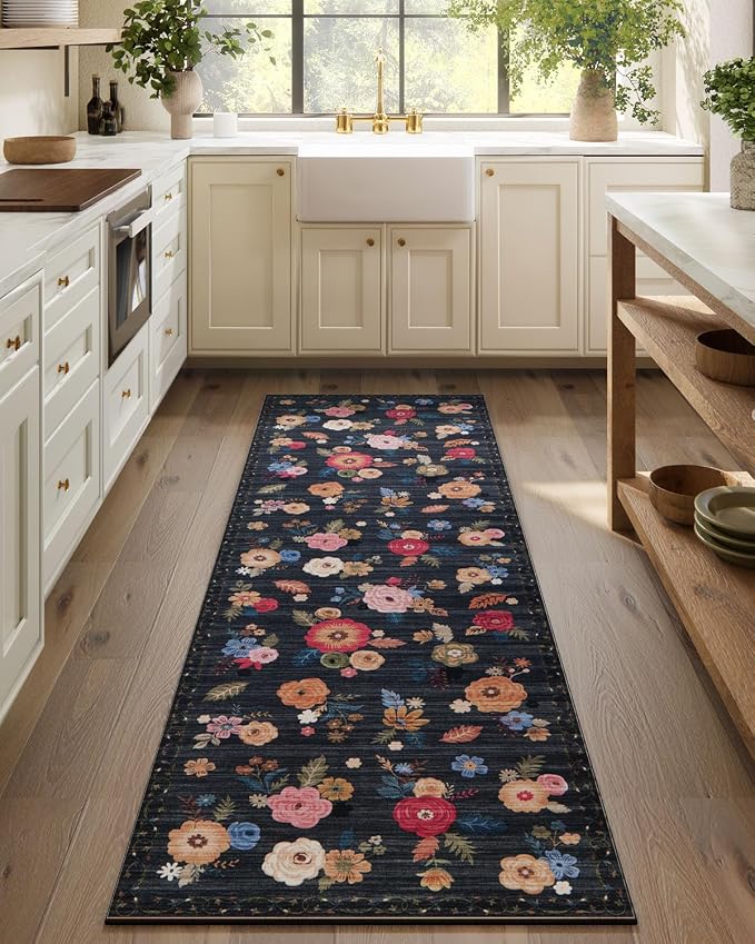Machine Washable Rug Runners for Hallways: 2'6"x8' Kitchen Runner Rug Non Slip Low Pile Soft Faux Wool Floral Floor Rug Non Shedding Carpet Runners for Entryway Bedroom Hallway Living Room Farmhouse