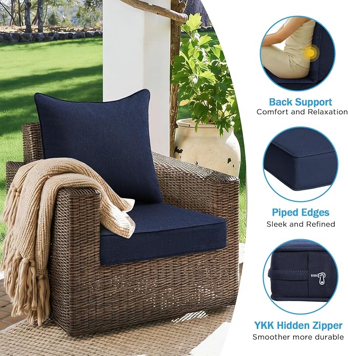 Sunbrella Outdoor Deep Seat & Back Cushion Set (2-Pack), 24 x 24 Inch Water Repellent and Fade Resistant Patio Furniture with Removable Cover for Outside Sofa Couch, Canvas Navy