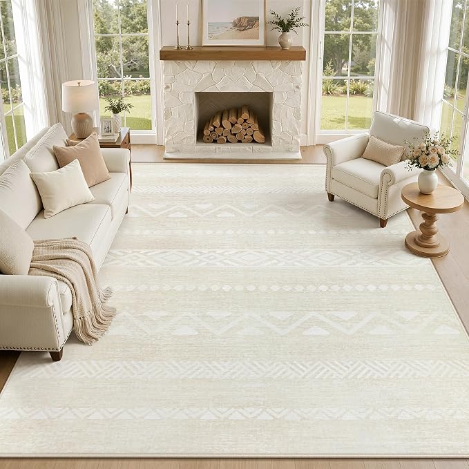 Zomfy Washable Rug 8x10 Area Rugs for Living Room(Beige, 8'x10') | Geometric Boho Modern Rugs Large Non Slip Soft Carpet Low Pile No Shedding Print Rug for Bedroom Dining Room Home Office