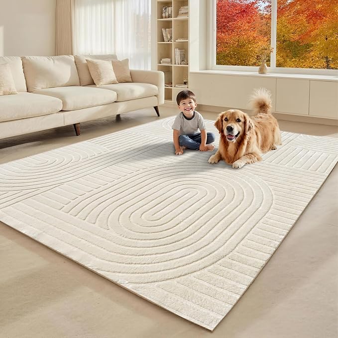 Beige Solid Area Rug 8x10, Washable Rugs for Living Room Bedroom | Modern Neutral Boho Geometric High-Low Pile Carpet, Soft, Fluffy Non-Slip Rugs for Nursery, Kids Room, Apartment, Home Office
