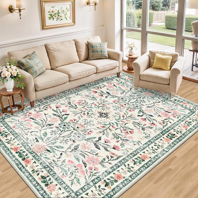 PLHXFR Area Rug Living Room: 5x7 Floral Washable Boho Carpet Green Beige | For Bedroom Dining Room Farmhouse Nursery Hallway,Vintage Floral,Machine washable,Non Slip,Stain Resistant,Large Indoor
