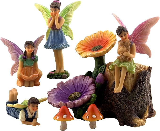 PRETMANNS Fairies for Fairy Garden Accessories for Outdoor - 4 Figurines Miniature Set with a Flower Stump, 2 Mushrooms - Ideal for an Indoor Miniature Fairy Garden Starter Kit - 7 Piece Supplies