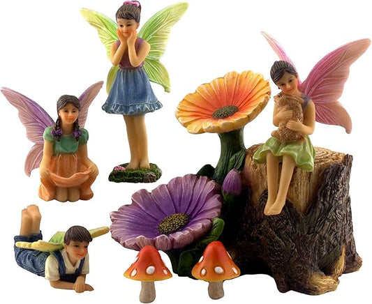 PRETMANNS Fairies for Fairy Garden Accessories for Outdoor - 4 Figurines Miniature Set with a Flower Stump, 2 Mushrooms - Ideal for an Indoor Miniature Fairy Garden Starter Kit - 7 Piece Supplies