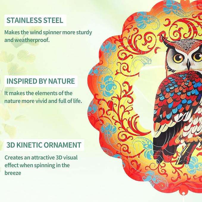 Owl Wind Spinners Outdoor for Mother's Day, IDEA SHOW 12In Stainless Steel Wind Spinners, 3D Kinetic Hanging Sculpture, Rustproof Metal Garden Decor Ornaments for Yard Art, Women, Men, Holidays