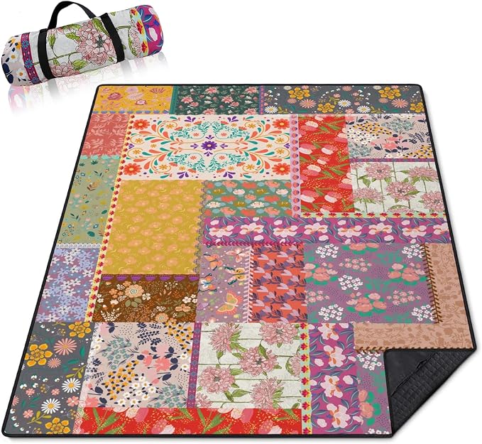 Boho Flower Picnic Blankets Waterproof Foldable, 60’‘x80'' Portable Outdoor Picnic Mat Water Resistant for Grass, Padded Lawn & Park Blanket for Camping, Hiking