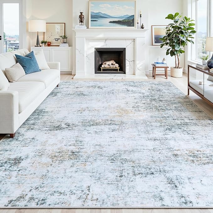 8x10 Washable Area Rug for Living Room Bedroom: Non-Slip Modern Blue Grey | Machine Washable TPR Backing, Stain-Resistant Low Pile, Pet & Kid Friendly, Abstract Decor for Dining Room, Dorm, Home Office