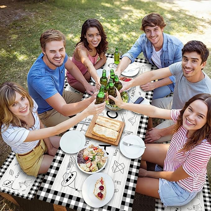 Picnic Table Cover with Bench Covers Elastic Edges Outdoor Camping Essentials 4 Pcs Plaid Waterproof Oil-Proof Tablecloth with Handbag for RV Accessories Farmhouse Camping Rustic Party Decor 72 IN