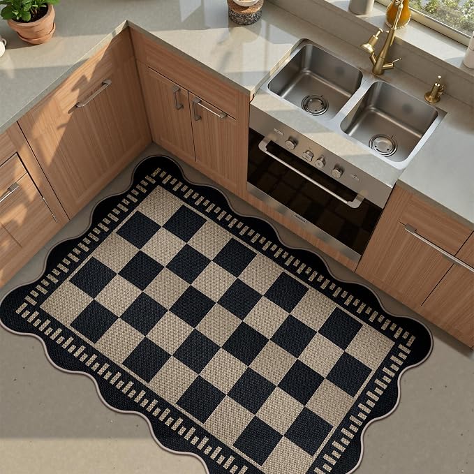 Checkered Easy Jute Front Door Mat, 2.6x4 Washable Entryway Rug Non Slip Small Kitchen Rug, Farmhouse Low Pile Floor Scalloped Rugs for Doorway Porch Bathroom