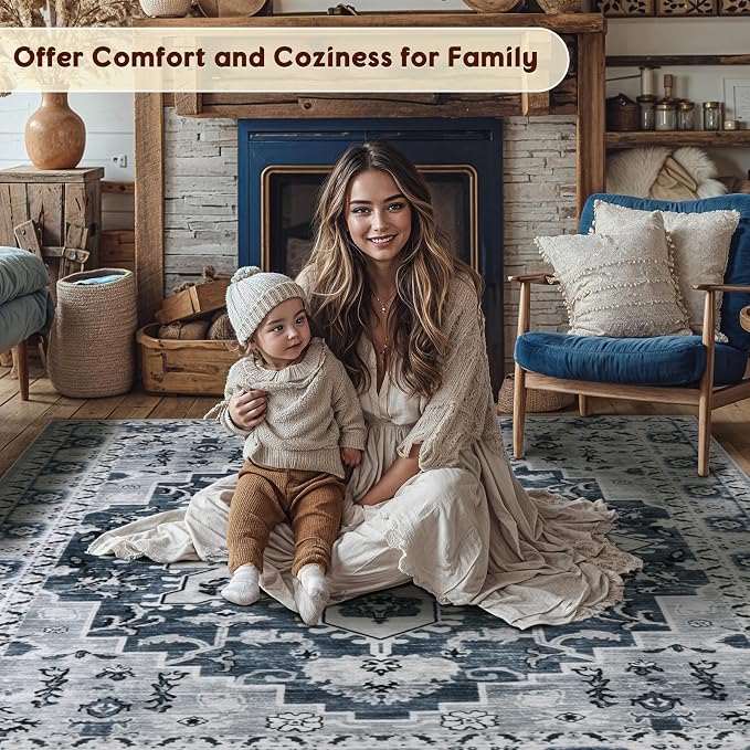 LBRO2M Machine Washable Rug Soft Pet Friendly Carpet 5X7 Dusty Blue | Persian Rug 5X7 for Living Room, Bedroom, Dining Room, Home Office, Non Slip Carpet, Foldable Stain Resistant Rugs