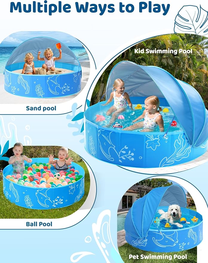 Hikiddy Foldable Kiddie Pool with Canopy, 47in, Blue-Blue | Summer Water Play Pool with Removable Shade - for Baby Toddler Kids Pets - Portable for Outdoor Backyard Beach